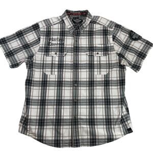 Harley-Davidson Plaid Button Up Shirt XL Gray White Short Sleeve Mens